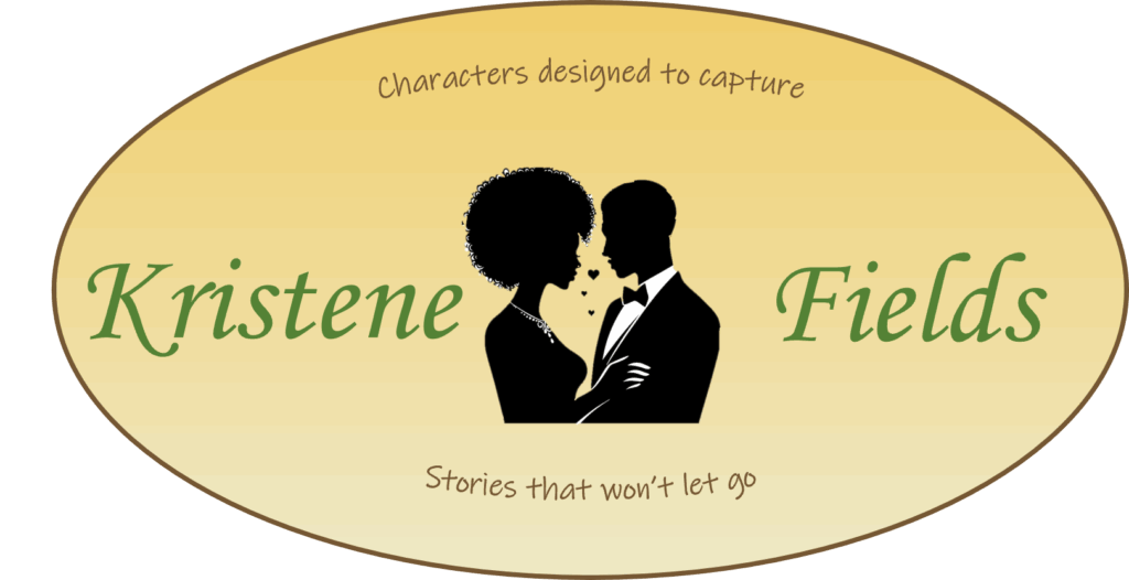 An oval logo with a yellow gradient background and text. Silhouettes of a couple in formal attire stand nose to nose. Text reads: "Kristene Fields, Characters designed to capture, Stories that won't let go."