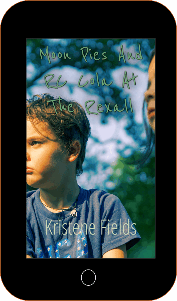 A cover of the book "Moon Pies and RC Cola at the Rexall" by Kristene Fields, stylized to appear as if on a tablet screen. The cover shows a young boy with brown hair in a blue T-shirt looking thoughtfully to the side, set against a leafy background. A girl is just visible in the side of the shot. The mood is contemplative.